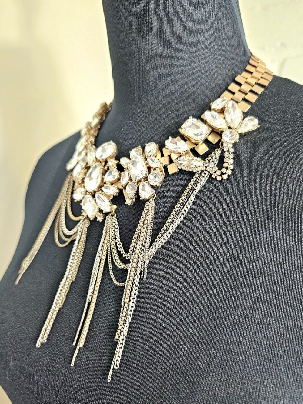 Banana Republic Crystal Cluster Chain Fringe Bib Choker Gold Tone Statement Neck - Picture 3 of 7